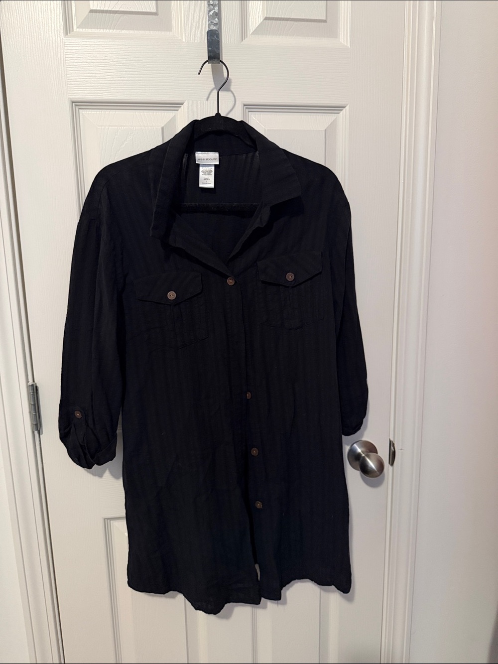Women’s Black Button-Front Long Jean Shirt Jacket